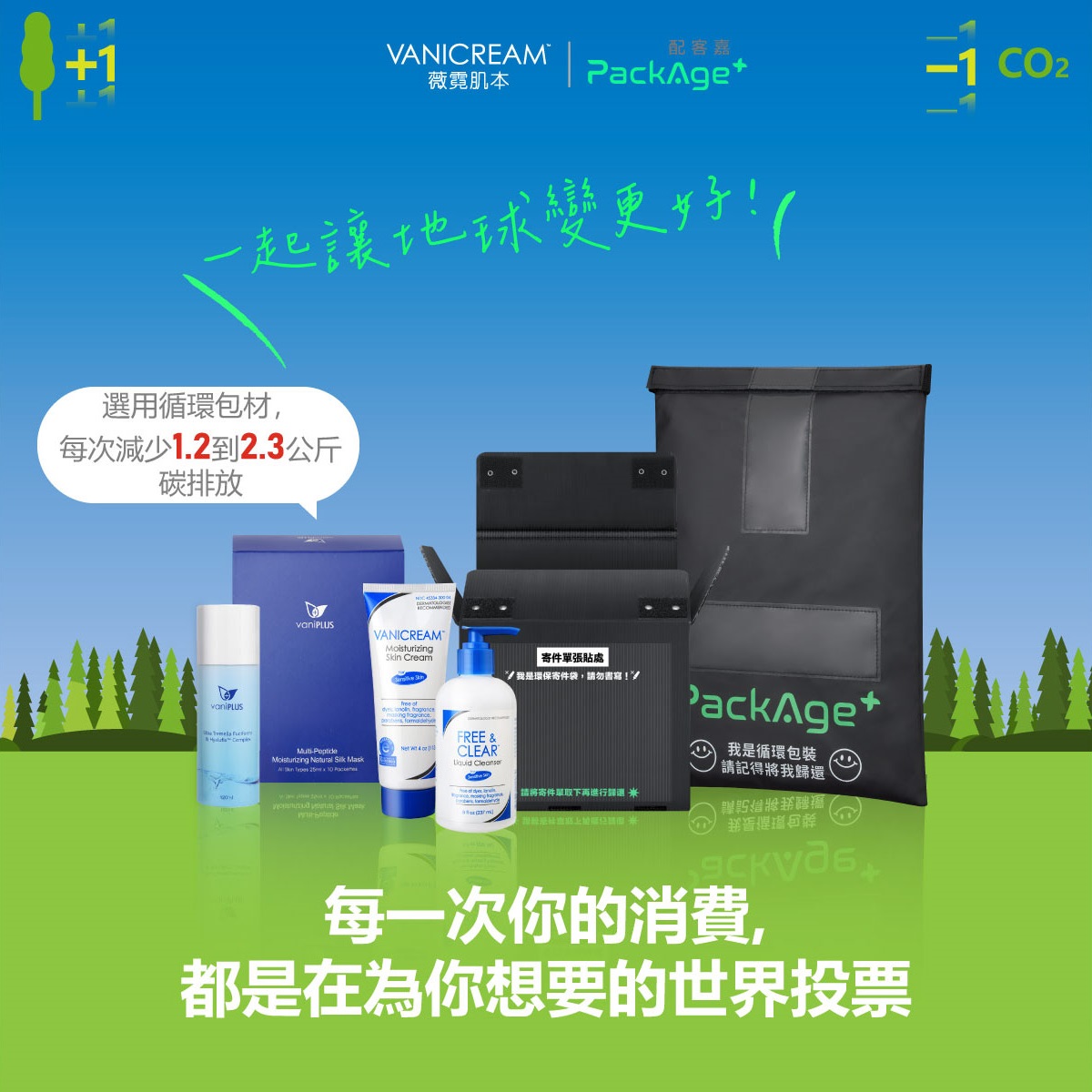 VANICREAM薇霓肌本聯合PACKAGE+配客嘉合作一起讓地球變更好，每一次你的消費都是在為你想要的世界投票