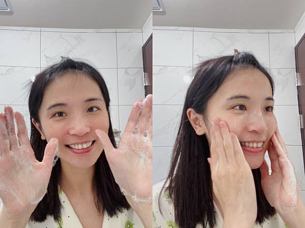 由坎蒂絲冒險日誌拍攝媽媽在浴室使用泡沫細緻的薇霓肌本胺基酸調理潔膚露洗臉照片