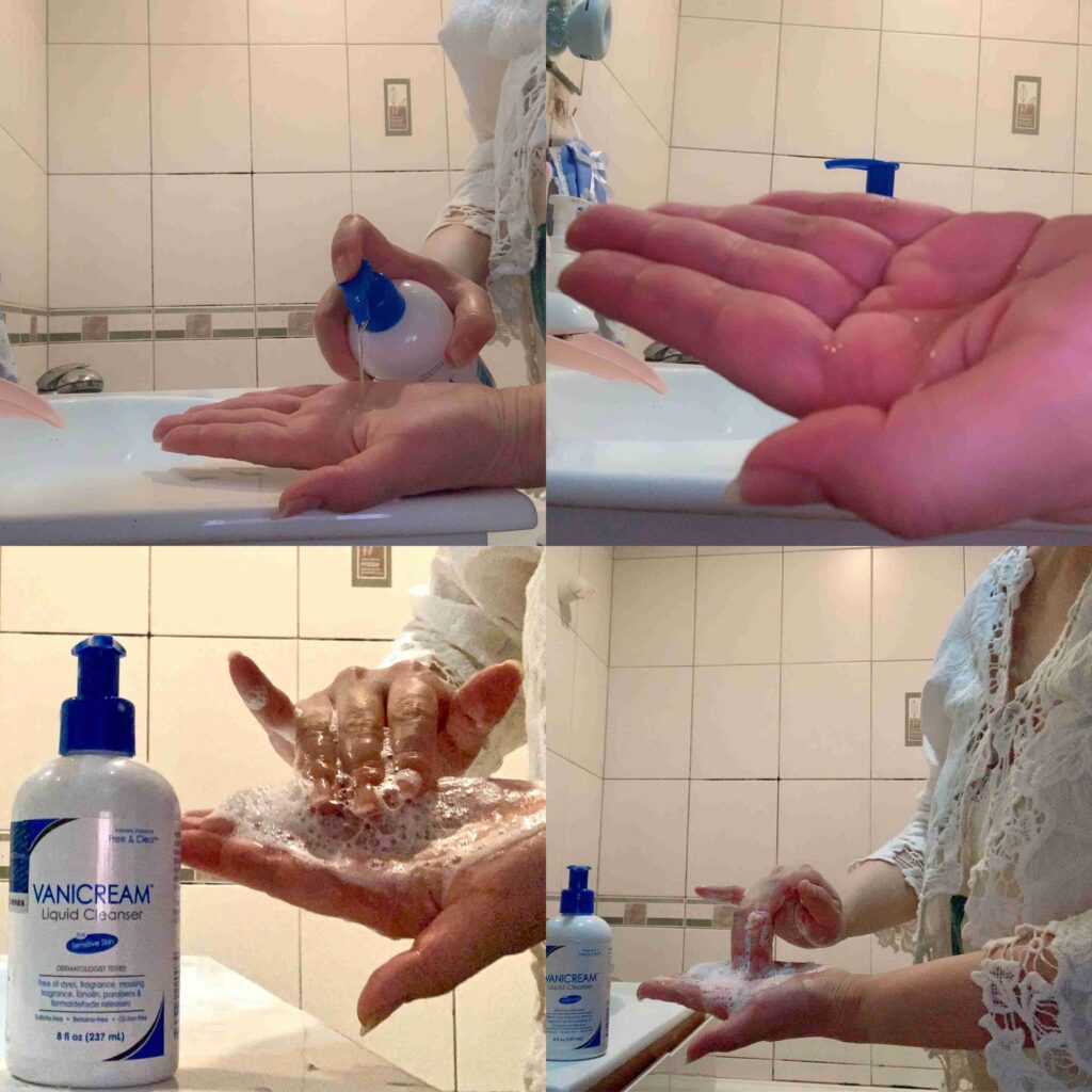 點點家的日常分享拍攝點點媽咪在浴室空間將薇霓肌本胺基酸調理潔膚露加一點點水搓出細緻泡沫的連續照片