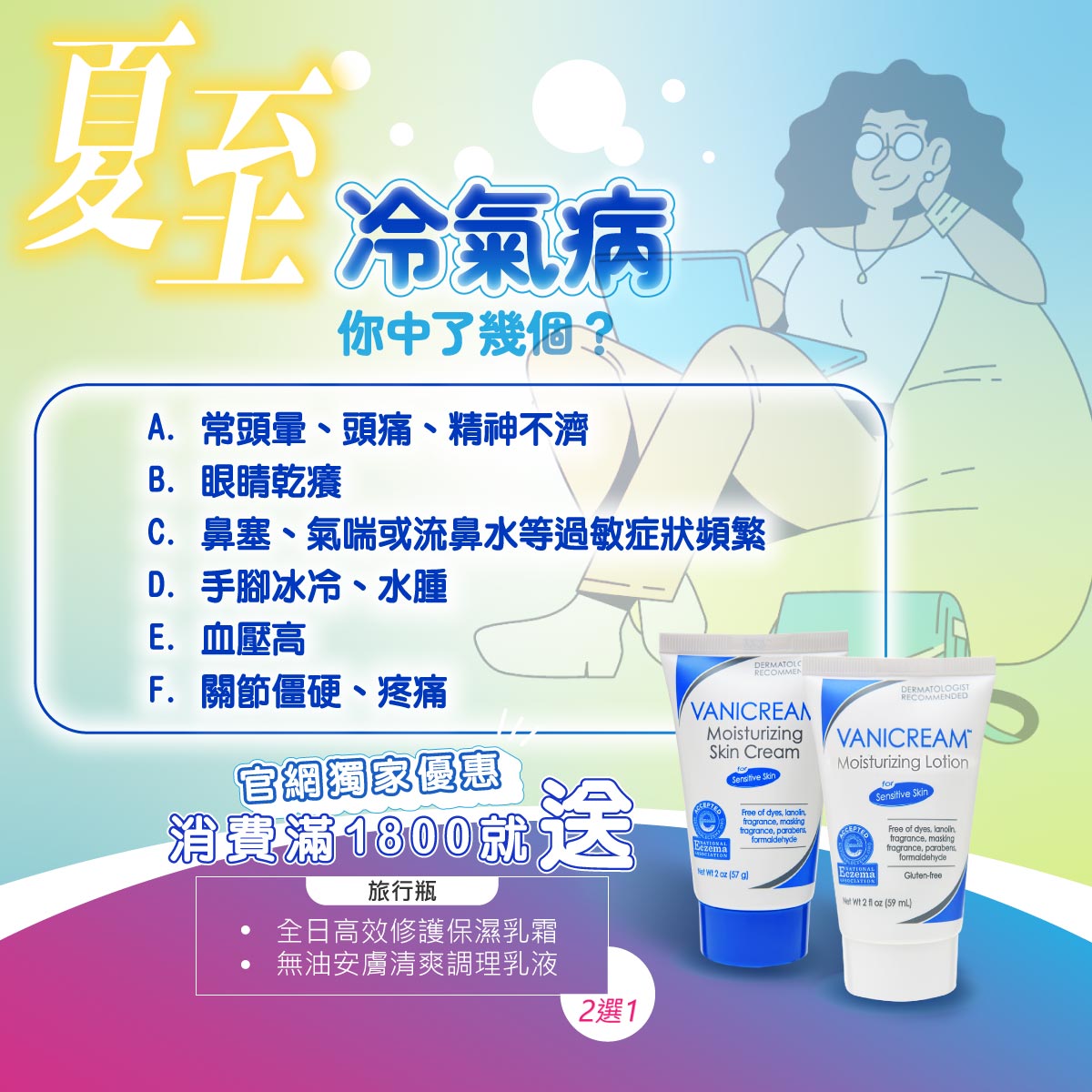 🌞今天是夏至，隨著氣溫升高，許多上班族每天20小時以上都待在冷氣房。 #冷氣病 常見症狀你中了幾個？ A.常頭暈、頭痛、精神不濟 B.眼睛乾癢 C.鼻塞、氣喘或流鼻水等過敏症狀頻繁 D.手腳冰冷、水腫 E.血壓高 F.關節僵硬、疼痛