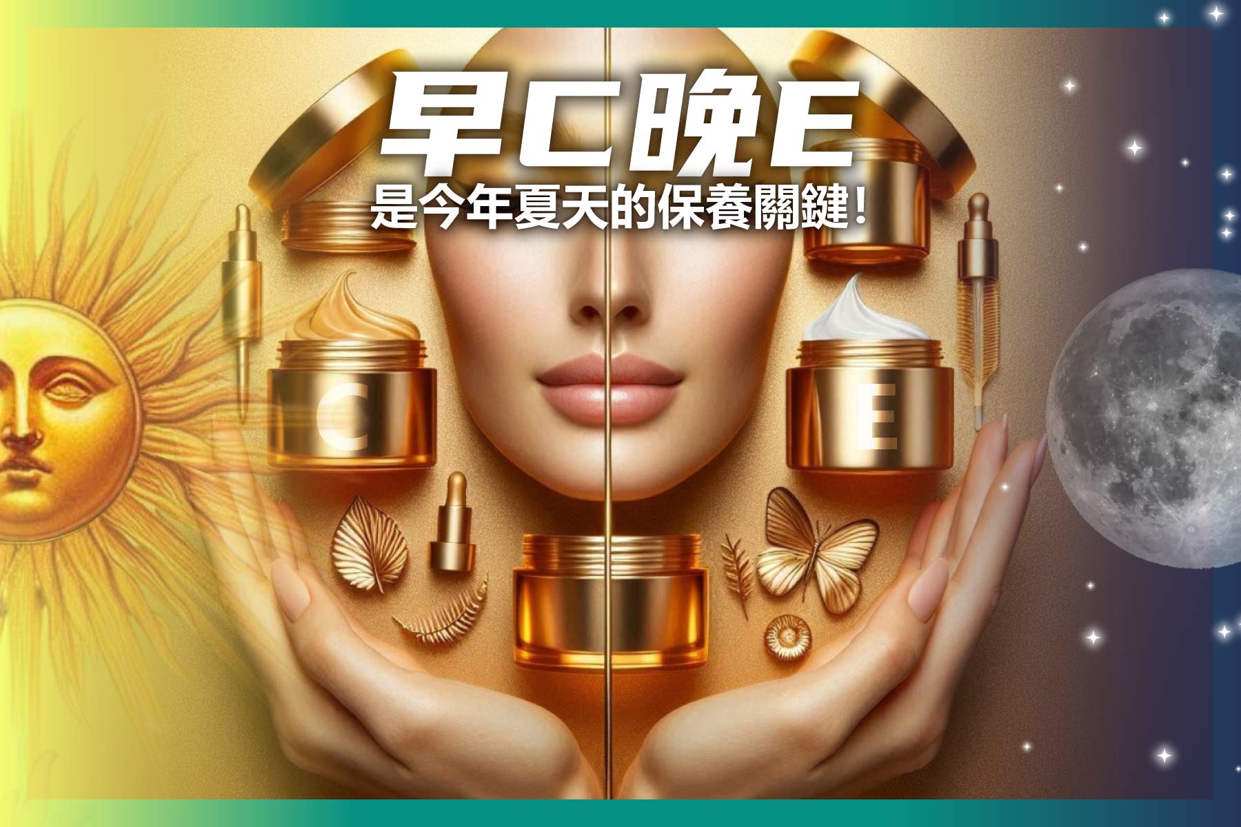 早 C 晚 E 是今年夏天的保養關鍵！這句話是廣告的主題，表明這是關於夏季保養的建議，強調早晚使用特定保養成分的重要性。