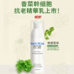 這張海報以簡潔明瞭的方式突出了 VANICREAM 新推出的香菜幹細胞抗老精華乳。透過香菜實物和圖案，強調了產品的天然成分。同時，「無香菜味」的特別標註解決了部分消費者可能對香菜氣味的顧慮。宇航員的形象則增添了一絲科技感和新穎感。