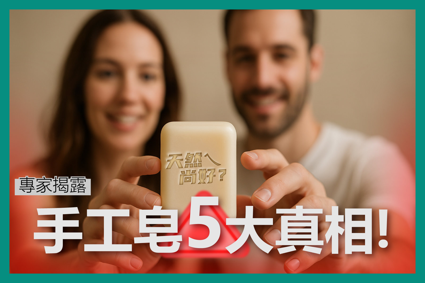 一張揭露手工皂迷思的宣傳圖，畫面中一對男女微笑持手工皂，上頭刻有「天然ㄟ尚好？」字樣，搭配文字強調「手工皂5大真相」，引導觀眾重新認識手工皂與過敏風險，訴求來自專家揭露的敏感肌保養知識，畫面風格溫馨且具爭議性，引發對天然皂安全性的反思。