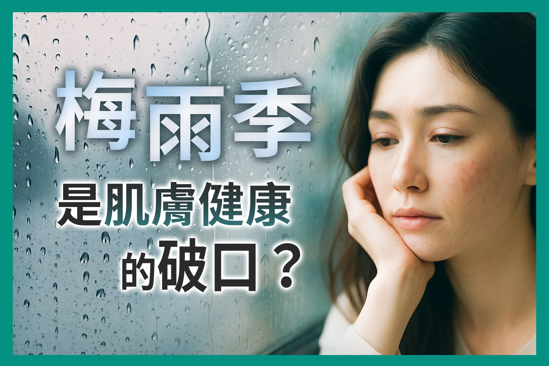 梅雨季肌膚健康亮紅燈，女性臉部出現泛紅與煩惱表情，氣候潮濕成為敏弱肌破口