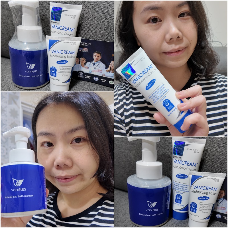 這張拼貼圖以一位年輕女性為中心，展示了 VANICREAM薇霓肌本和vaniPLUS系列的多款產品，傳達了使用者對產品的喜愛和推薦，並強調了產品適用於敏感肌膚的特性