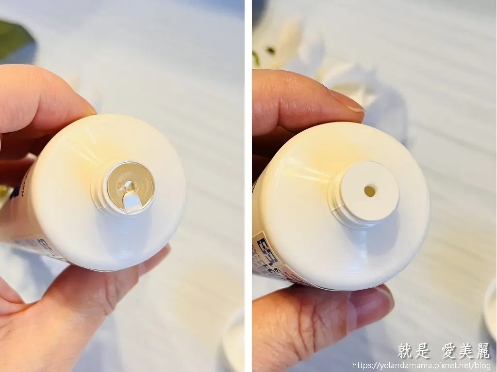 這張圖片包含左右兩部分，展示了一條VANICREAM薇霓肌本無油安膚清爽調理乳液旅行瓶的管口在開封前和開封後的狀態。