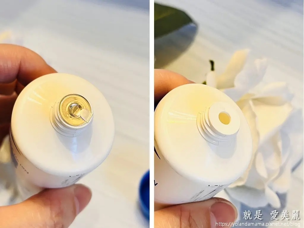一隻手握著白色軟管的VANICREAM薇霓肌本全日高效修護保濕乳霜，鏡頭對準軟管的頂部。可以看到銀色的封口還未完全撕開，露出部分乳霜出口。
