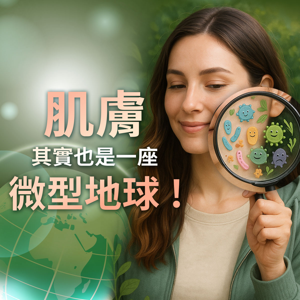 女性拿著放大鏡觀察肌膚，放大鏡中呈現可愛菌種與植物圖案，象徵肌膚微生態，搭配文字「肌膚其實也是一座微型地球」