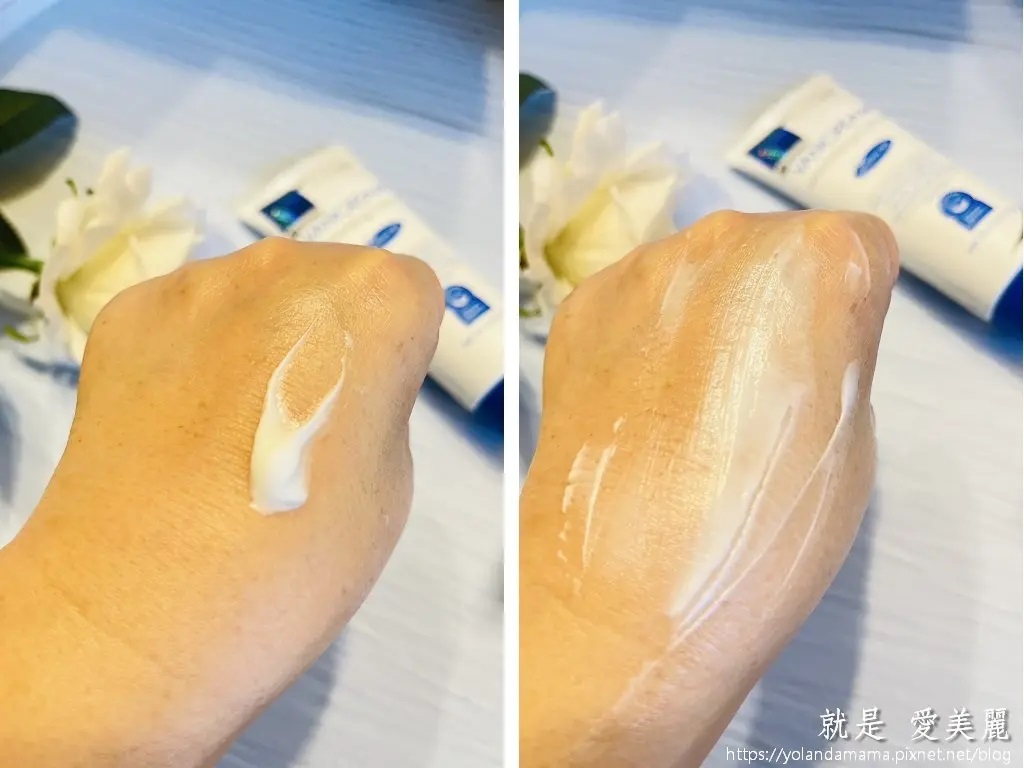 這兩張並列的圖片清晰地展示了VANICREAM薇霓肌本全日高效修護保濕乳霜的質地以及塗抹後的狀態。從擠出時的濃稠到塗抹後的滋潤感，強調了產品的保濕特性。