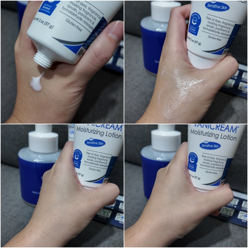 這張拼貼圖清晰地展示了VANICREAM薇霓肌本無油安膚清爽調理乳液旅行瓶的質地以及塗抹後的狀態。從擠出時的水潤到塗抹後的滋潤光澤，強調了產品的保濕和易吸收特性。