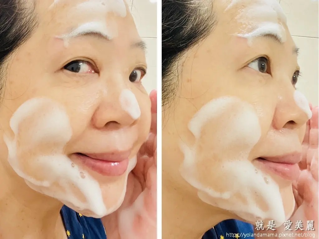這張圖片以左右並列的方式展示了女性使用vaniPLUS薇霓進階天然燕麥潔膚慕斯清潔臉部的不同角度。泡沫均勻地覆蓋在臉部，顯示了產品的溫和和細膩。
