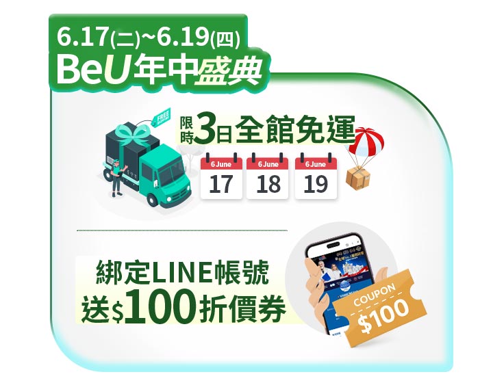 BeU年中盛典限時活動圖，薇霓肌本網站於6月17日至19日推出全館免運優惠，並加碼會員綁定LINE帳號即贈$100折價券，視覺設計含物流卡車、日曆圖示與手機畫面，傳達快速下單與限時優惠概念。
