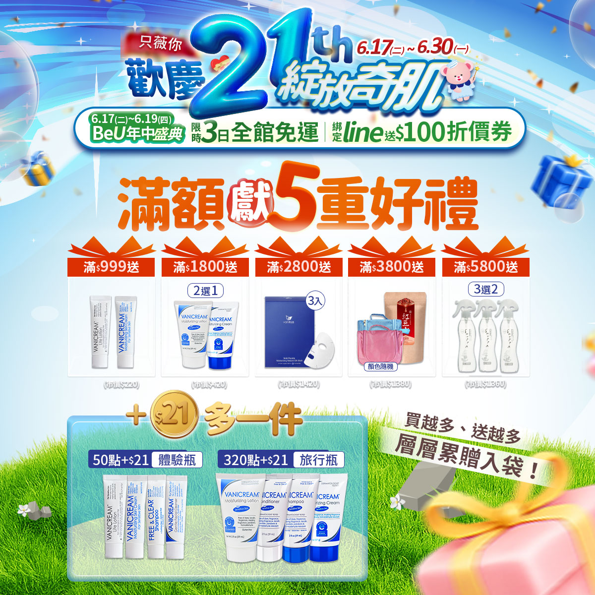 Vanicream 薇霓肌本歡慶21周年生日活動主視覺，宣傳 6/17～6/30 全館滿額贈五重好禮，包括保濕乳體驗瓶、旅行瓶、三效安瓶面膜、紅豆水禮袋與洗淨噴霧等贈品，搭配 LINE 綁定與限時免運優惠，吸引消費者加入會員與下單兌換好禮，展現品牌週年慶回饋誠意與環保永續理念。