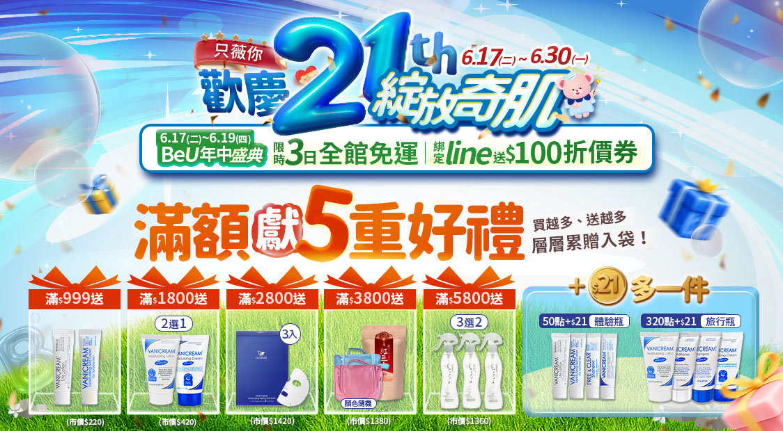 薇霓肌本歡慶21週年活動主視覺，藍天綠地背景搭配泡泡與禮物盒圖案，強調6/17–6/30限時推出滿額贈5重好禮，包含體驗瓶、旅行瓶、冰仙女紅茶與多款正貨贈品，同步加碼LINE綁定送$100折價券與BeU年中盛典3日免運優惠。
