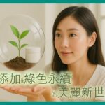 亞洲女性雙手輕托著漂浮的透明泡泡，泡泡中有綠色幼苗與保養瓶罐，象徵無添加與永續保養概念，傳達純淨配方與環保理念的保養品牌形象。