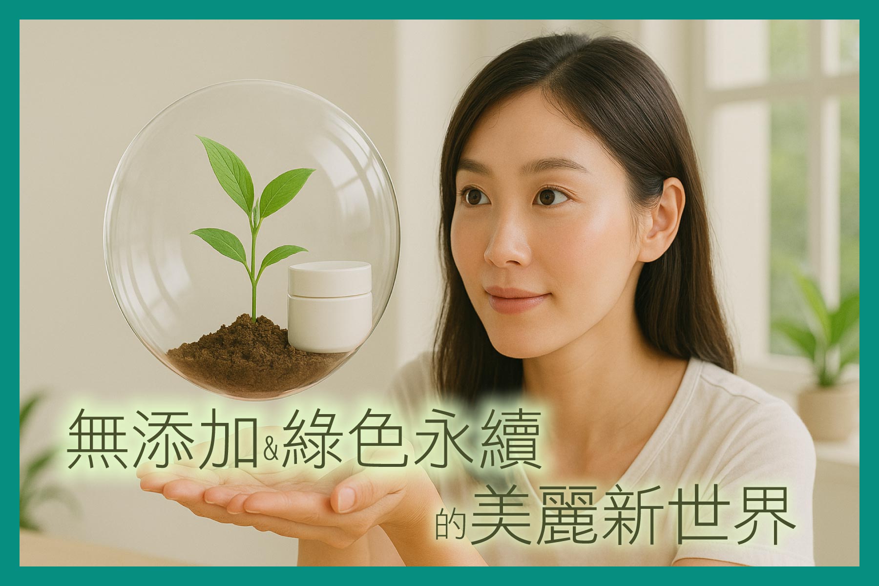 亞洲女性雙手輕托著漂浮的透明泡泡，泡泡中有綠色幼苗與保養瓶罐，象徵無添加與永續保養概念，傳達純淨配方與環保理念的保養品牌形象。