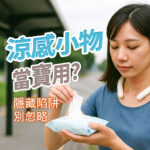 年輕女性在戶外拉出一張涼感濕紙巾，搭配文字「涼感小物當寶用？隱藏陷阱別忽略」，提醒消費者夏季常用的清涼濕巾可能對敏感肌造成刺激，畫面具警示意味，適用於皮膚保養與夏日用品安全教育主題。