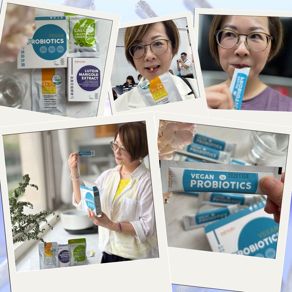 畫面以輕鬆日常的 Polaroid 拍立得風格呈現，主角為女性使用者展示Naturgy植萃益生菌 VEGAN PROBIOTICS與同系列健康食品。照片中可見實際撕開包裝、食用的過程，並搭配不同款式的機能營養產品如葉黃素萃取包與藻鈣粉，突顯品牌訴求的全植物、無動物來源補充理念。背景採用自然光與居家場景，營造親切、無壓的使用氛圍，展現健康飲食與日常保健的結合。