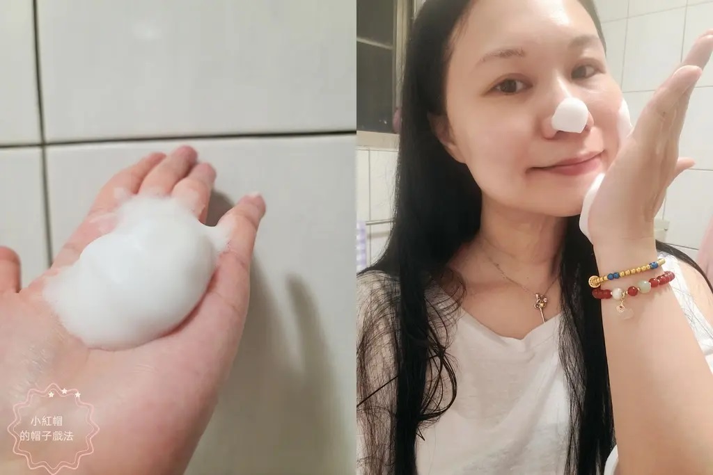 左圖顯示薇霓進階天然燕麥潔膚慕斯擠出的蓬鬆泡沫於手心中，右圖為女性將潔膚泡沫塗抹於鼻翼與臉頰，呈現日常洗臉使用情境
