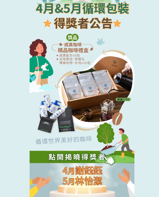 Vanicream 薇霓肌本 4月與5月循環包裝活動中獎公告，展示使用 PackAge+ 環保循環袋購物的抽獎回饋，中獎人為4月謝鈺鈺與5月林怡潔，獎品為成真咖啡精品咖啡禮盒，內含濾掛咖啡與多款精選風味，結合永續理念與品牌保養品形象。