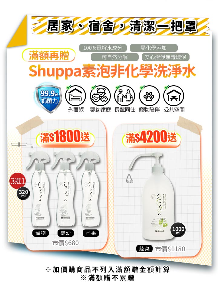 Shuppa 素泡非化學洗淨水滿額贈活動主圖｜主打 100% 電解水成分，零化學添加、可自然分解，強調 99.9% 抑菌力與無毒環保。適合外宿族、嬰幼家庭、長輩同住、寵物陪伴與公共空間使用。活動規則：滿 $1800 贈 Shuppa 素泡非化學洗淨水 320ml（寵物、嬰幼、水果 三選一，市價 $680）；滿 $4200 贈 Shuppa 素泡非化學洗淨水 1000ml 蔬菜款（市價 $1180）。圖片整體風格以清潔、守護為主題，凸顯「居家、宿舍、清潔一把罩」的賣點。