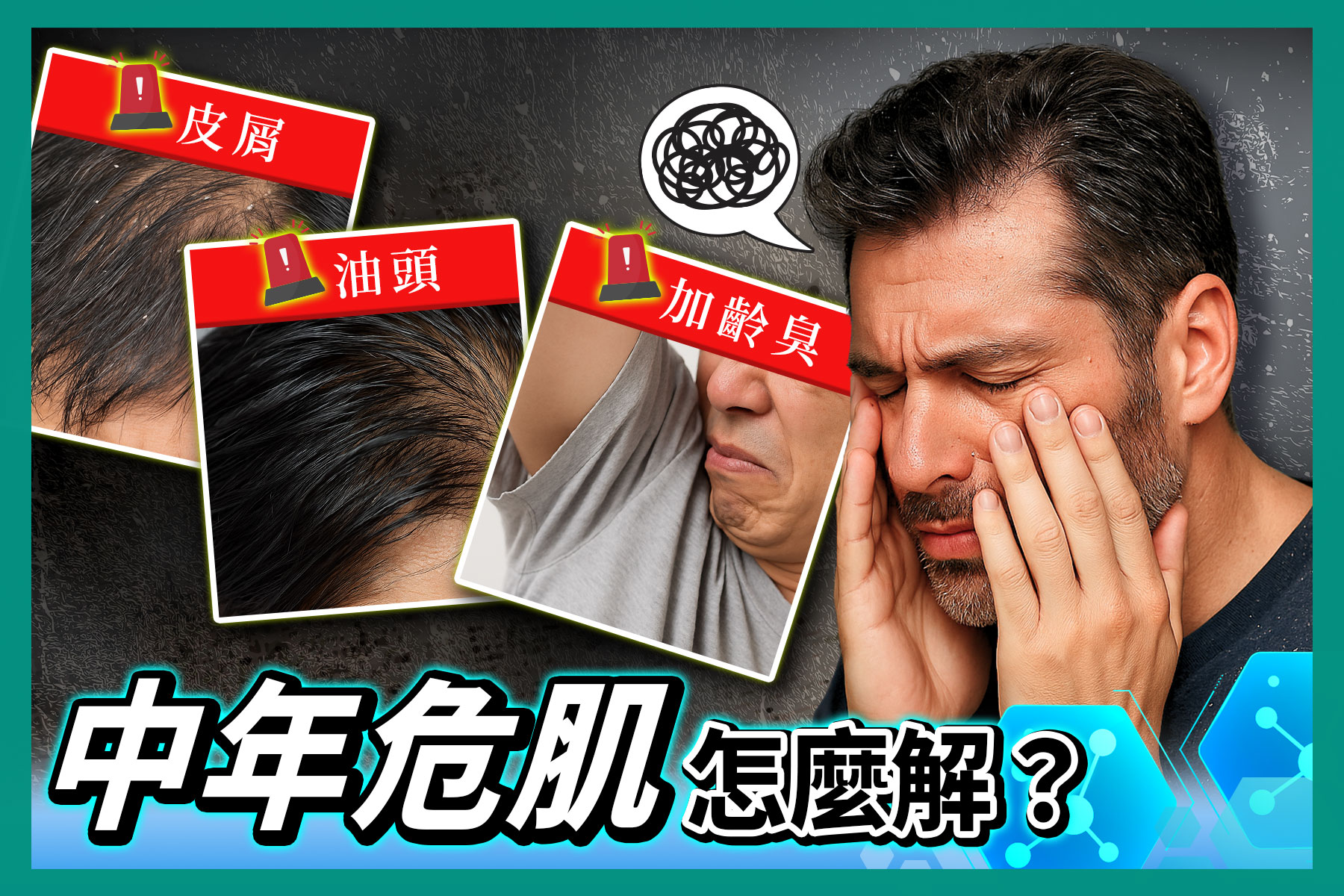 中年男性面露困擾神情，背景突顯三大肌膚困擾：「皮屑」、「油頭」、「加齡臭」示意圖，表現中年男性常見的肌膚與頭皮問題。整體視覺強調「中年危肌」議題，營造警示感與急需改善的氛圍，適合搭配保養品推薦、男性護理產品導購或醫學知識文章使用。