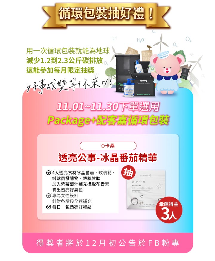 這張圖片是一張推廣環保、鼓勵顧客選用循環包裝的行銷海報,並以抽獎贈送熱門保養品的方式來吸引消費者響應此活動。