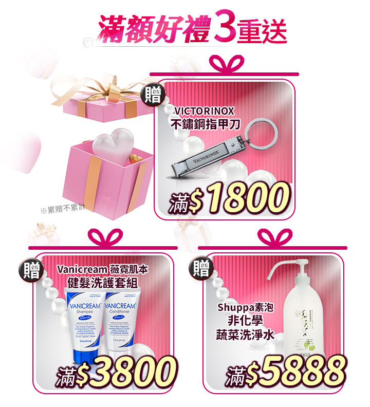 薇霓肌本母親節滿額好禮 3 重送：滿 $1800 贈 VICTORINOX 不鏽鋼指甲刀、滿 $3800 贈健髮洗護套組、滿 $5888 贈 Shuppa 素泡非化學蔬菜洗淨水。活動期間累贈不累計，送完為止。