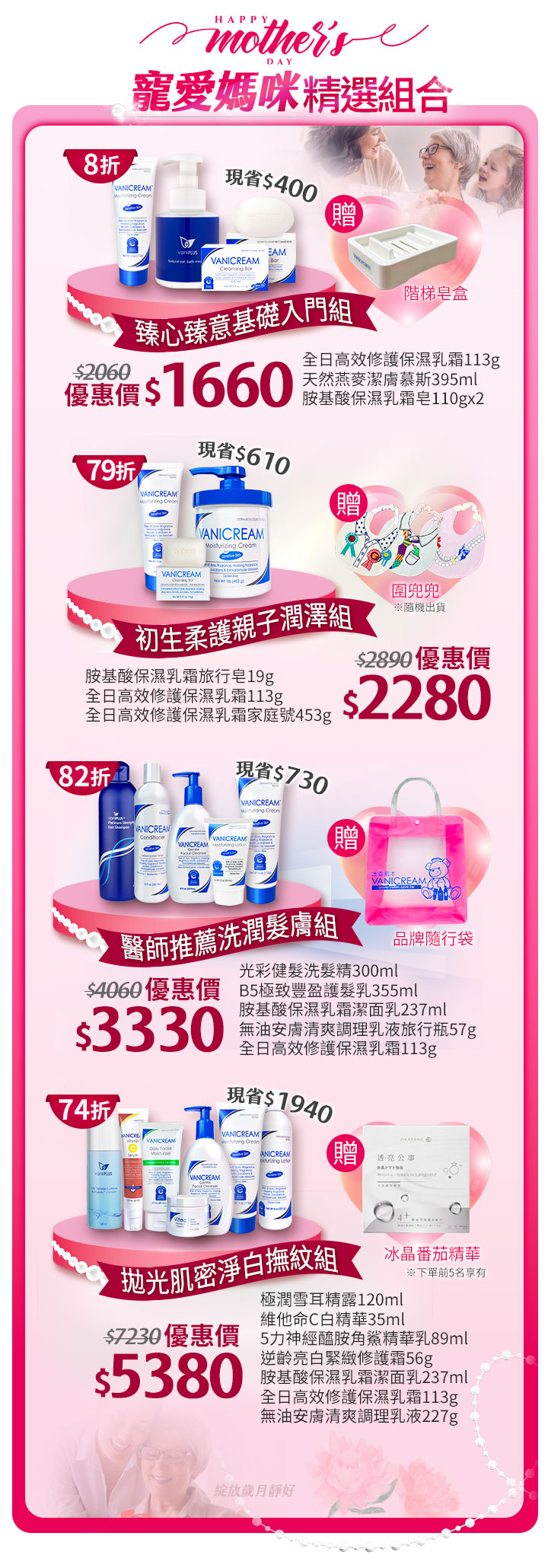 薇霓肌本母親節精選組合：包含臻心臻意基礎入門組、初生柔護親子潤澤組、醫師推薦洗潤髮膚組及拋光肌密淨白撫紋組。提供階梯式優惠與加碼贈送階梯皂盒、圍兜兜、品牌隨行袋與冰晶番茄精華。