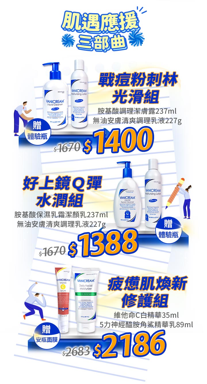 肌遇應援三部曲特惠。畫面由上至下展示：戰痘粉刺林光滑組特價$1400、好上鏡Q彈水潤組特價$1388、疲憊肌煥新修護組特價$2186。每組皆包含兩款 Vanicream 薇霓肌本產品並附贈體驗瓶或安瓶面膜。