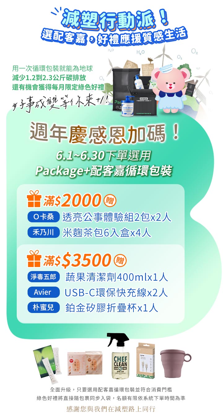 週年慶減塑行動派！6.1-6.30下單選用Package+配客嘉循環包裝，滿$2000贈O卡桑體驗組或禾乃川米麴茶包；滿$3500贈淨毒五郎蔬果清潔劑、Avier快充線或朴蜜兒折疊杯。下方展示各式綠色好禮插圖。