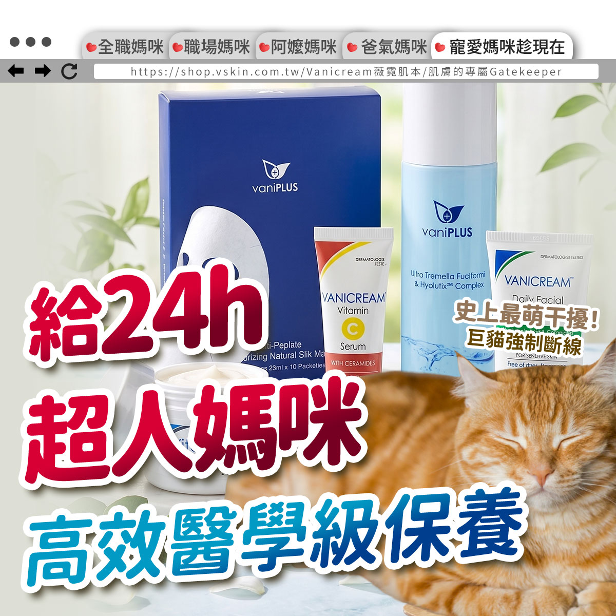 給 24h 超人媽咪的高效醫學級保養。畫面包含一隻閉眼休息的橘貓,背景展示 vaniPLUS 蠶絲面膜、維他命C精華、雪耳精露等產品。上方標籤列出全職媽咪、職場媽咪、阿嬤媽咪、爸氣媽咪及寵愛媽咪趁現在。