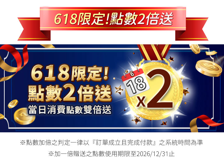 618限定點數2倍送！當日消費點數雙倍送。深藍色背景右側展示巨大的金色勳章與6月18日曆，搭配飛舞的金幣與緞帶。下方附註判定以訂單成立且完成付款為準，加一倍贈送之點數使用期限至2026/12/31止。