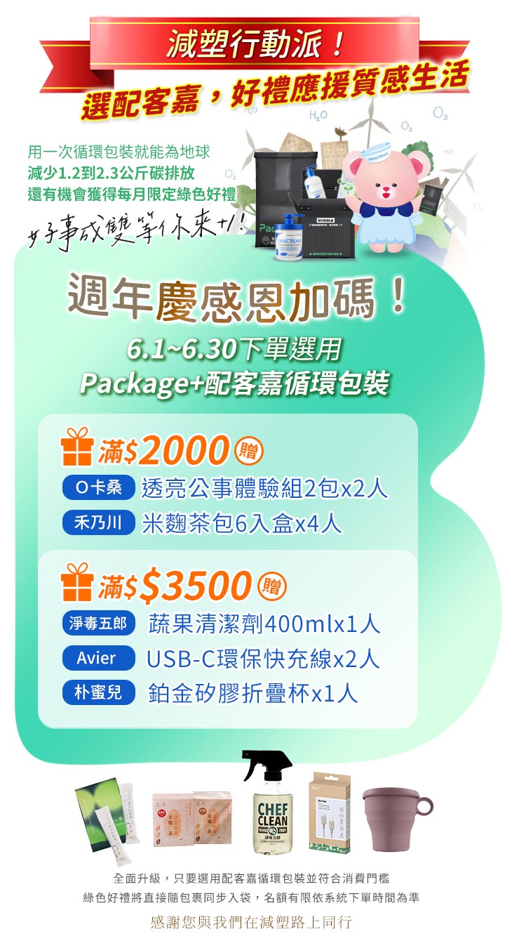 週年慶加碼！6.1-6.30下單選配客嘉循環包裝，滿2千贈O卡桑體驗組或禾乃川米麴茶包；滿3千5贈淨毒五郎清潔劑、Avier快充線或朴蜜兒折疊杯。畫面包含粉紅薇霓熊與各項綠色好禮實品。
