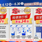 22th感恩祭點數加價購。6.12-6.30限時活動，分為三階門檻：22點+$69換銅板體驗瓶（折37折）、22點+$299換輕便旅行瓶（折34折）、22點+$899換殿堂級護膚（折6折）。下方陳列對應的保養品組。