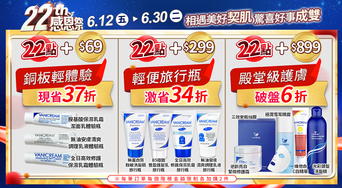22th感恩祭點數加價購。6.12-6.30限時活動，分為三階門檻：22點+$69換銅板體驗瓶（折37折）、22點+$299換輕便旅行瓶（折34折）、22點+$899換殿堂級護膚（折6折）。下方陳列對應的保養品組。