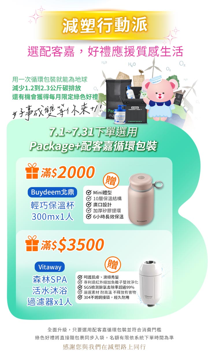 後台替代文字 (Alt Text): > 減塑行動派促銷長圖。綠白漸層背景展示7.1-7.31下單選配客嘉循環包裝,享兩階滿額禮:滿$2000贈北鼎輕巧保溫杯(粉色),滿$3500贈Vitaway活水沐浴過濾器。右上方點綴卡通粉紅熊與黑色循環袋。