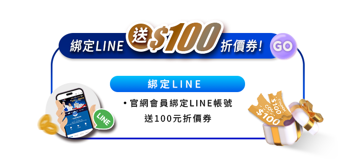 會員綁定LINE帳號送100元折價券活動圖。藍色框架頂部印有綁定LINE送$100折價券與GO按鈕。中央說明官網會員綁定LINE帳號送100元折價券。左側為手持手機顯示官網與LINE圖示，右側為開啟的金色禮盒飛出$100折價券。