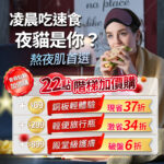 熬夜肌首選22點階梯加價購。右上方展示一名戴眼罩在凌晨吃三明治的女性。左側帶有會員點數加價購紅印章，下方列出三個兌換門檻：+$69換銅板輕體驗現省37折、+$299換旅行瓶激省34折、+$899換殿堂護膚破盤6折
