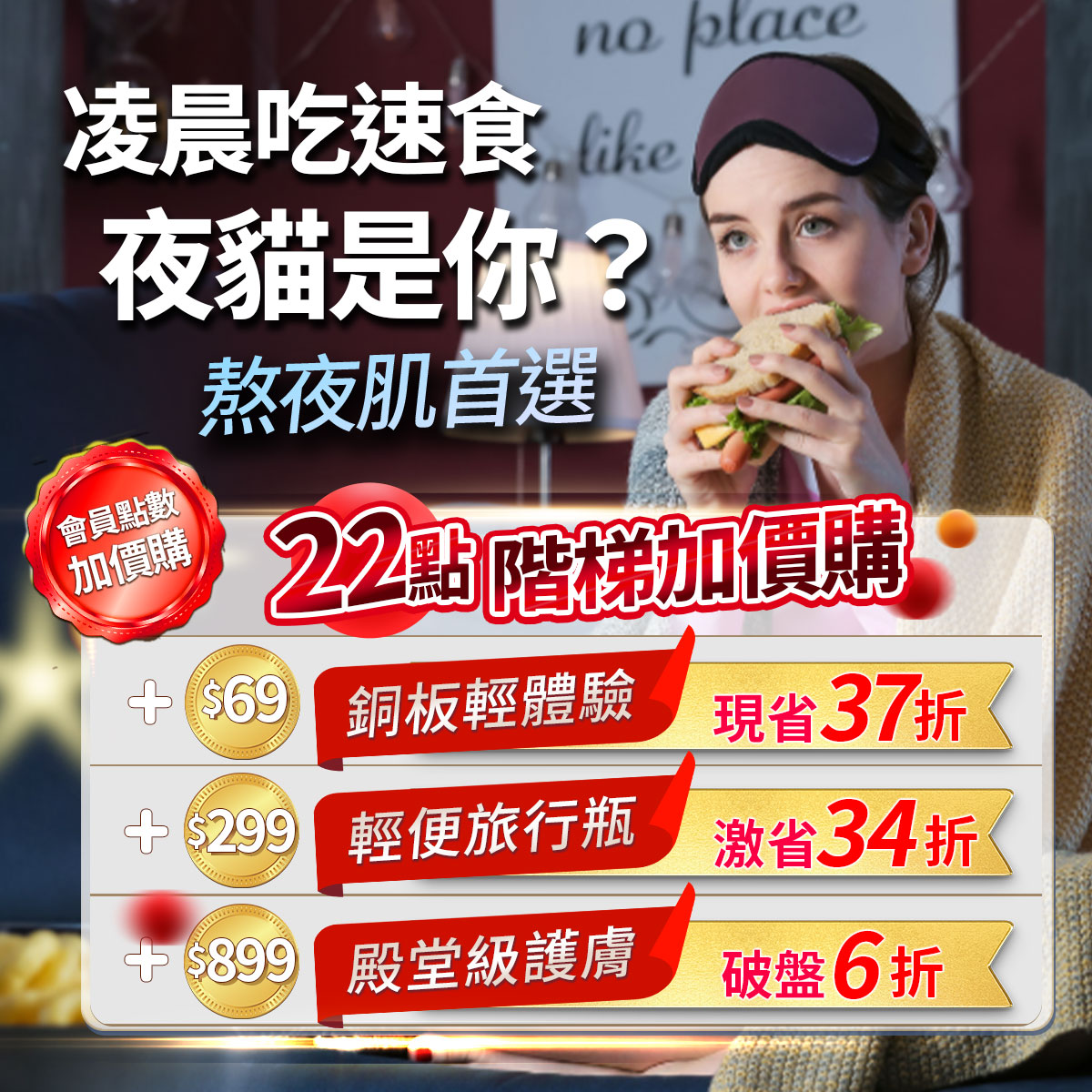 熬夜肌首選22點階梯加價購。右上方展示一名戴眼罩在凌晨吃三明治的女性。左側帶有會員點數加價購紅印章，下方列出三個兌換門檻：+$69換銅板輕體驗現省37折、+$299換旅行瓶激省34折、+$899換殿堂護膚破盤6折