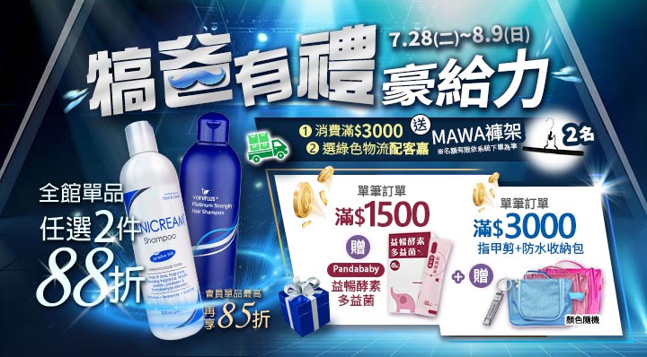 父親節犒爸有禮促銷橫幅。藍色科技光影背景左側展示洗髮精，標註任選2件88折。右上為7.28-8.9活動時間與選配客嘉抽褲架；右下列出單筆滿$1500贈益生菌、滿$3000贈指甲剪加防水收納包。