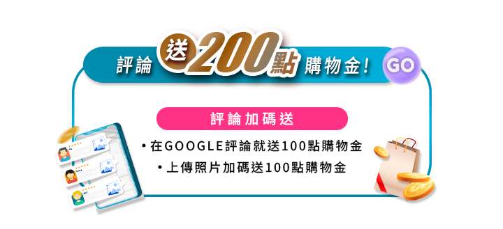 會員評論送200點購物金活動圖。青藍外框頂部標註評論送200點購物金。中央粉色標籤說明Google評論送100點、上傳照片加碼送100點。左側為五星好評手機插圖,右側為購物袋與金幣。