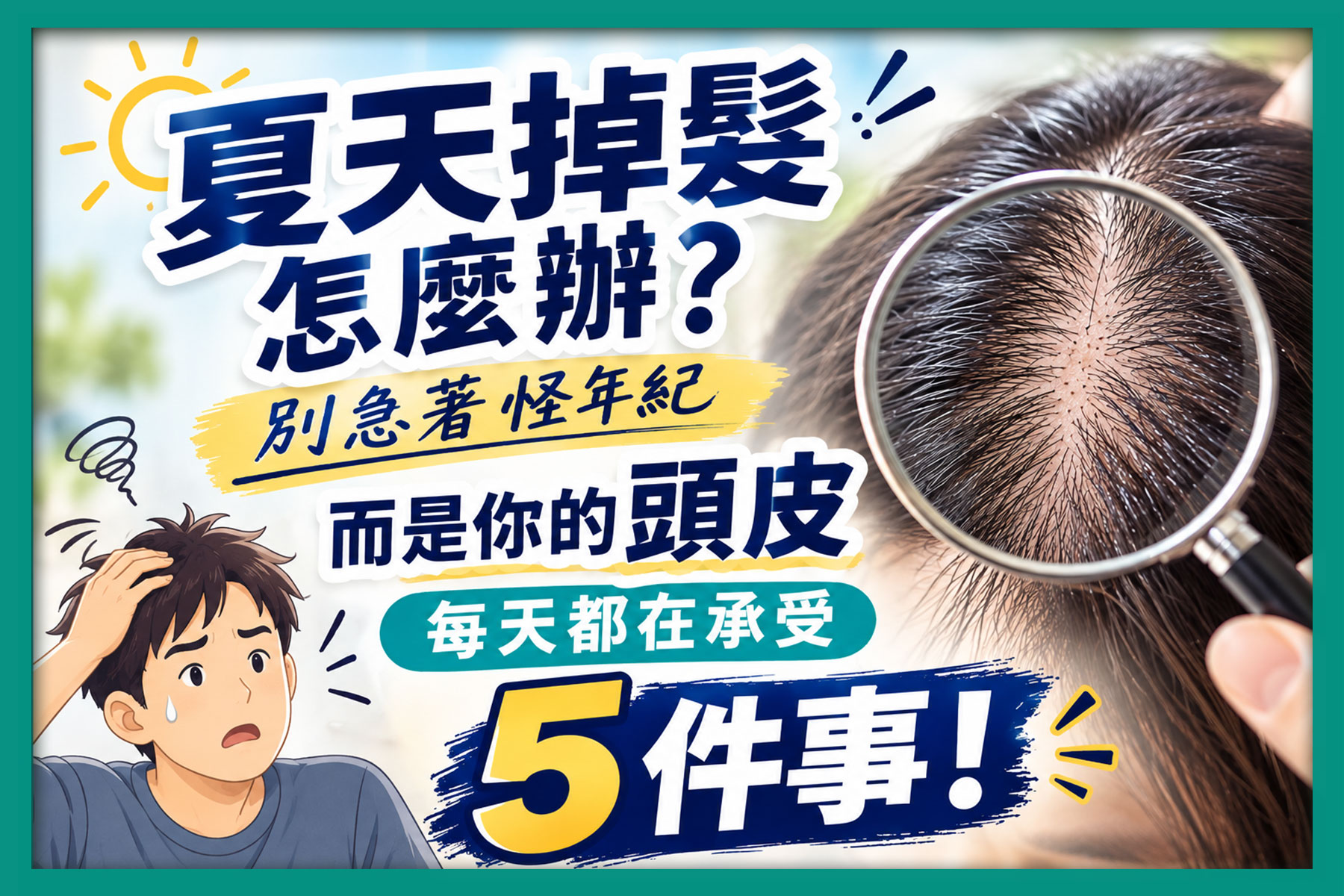 夏天掉髮與頭皮養護衛教圖。右側展示放大鏡檢視頭皮與髮縫特寫，左下為困擾摸頭的男子插畫。畫面印有夏天掉髮怎麼辦？別急著怪年紀，而是你的頭皮每天都在承受5件事等頭皮護理衛教文案。
