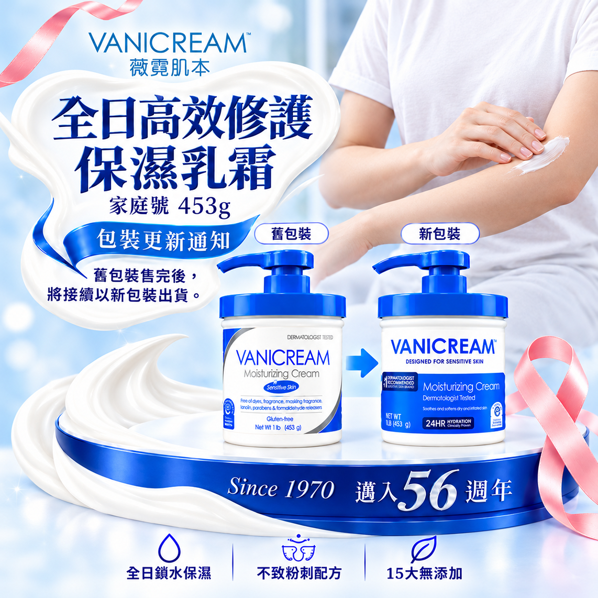 薇霓肌本全日高效修護保濕乳霜家庭號包裝更新通知。展示舊款與全新包裝瓶身對比，底座標註邁入56週年，後方女性塗抹乳霜保濕修護，強調全日鎖水、不致粉刺與15大無添加。